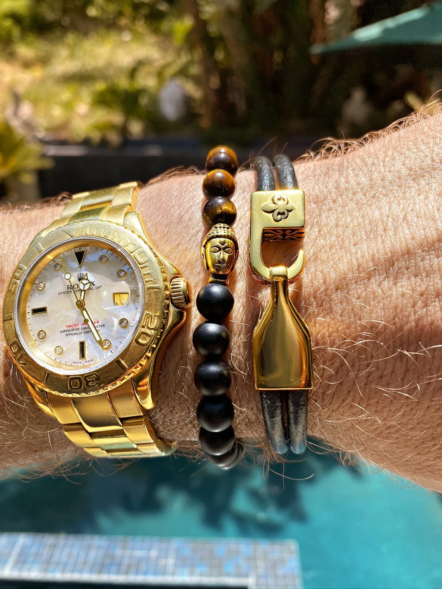 Men's Wristband with Tiger Eye, Matte Onyx and Gold Buddha