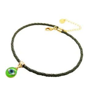Mother of Pearl Evil Eye Charm Leather Braid Cord Choker