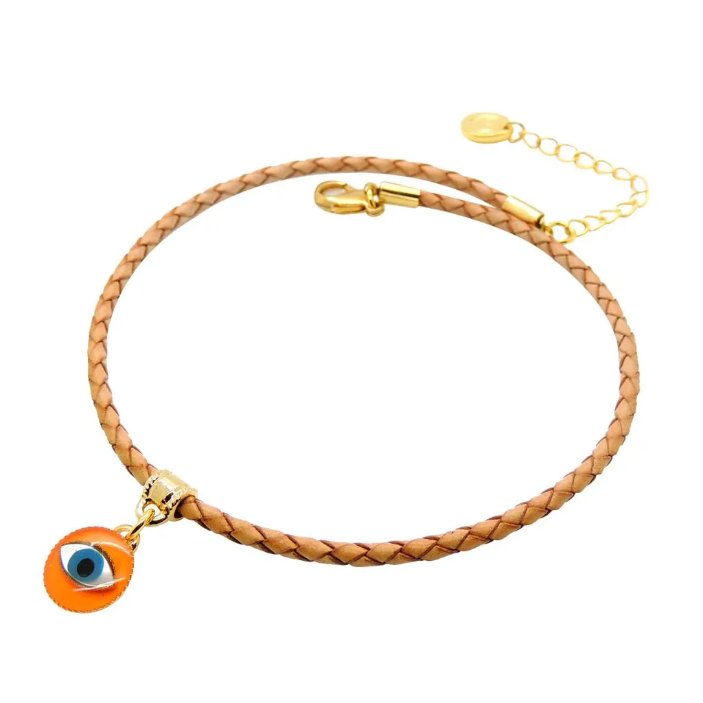 Mother of Pearl Evil Eye Charm Leather Braid Cord Choker