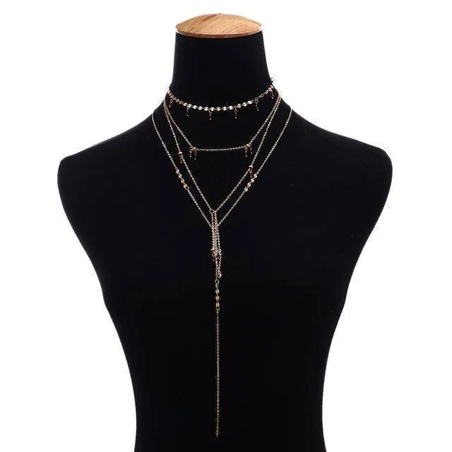 Multilayer Sequin Chain Small Crystal Choker Necklace