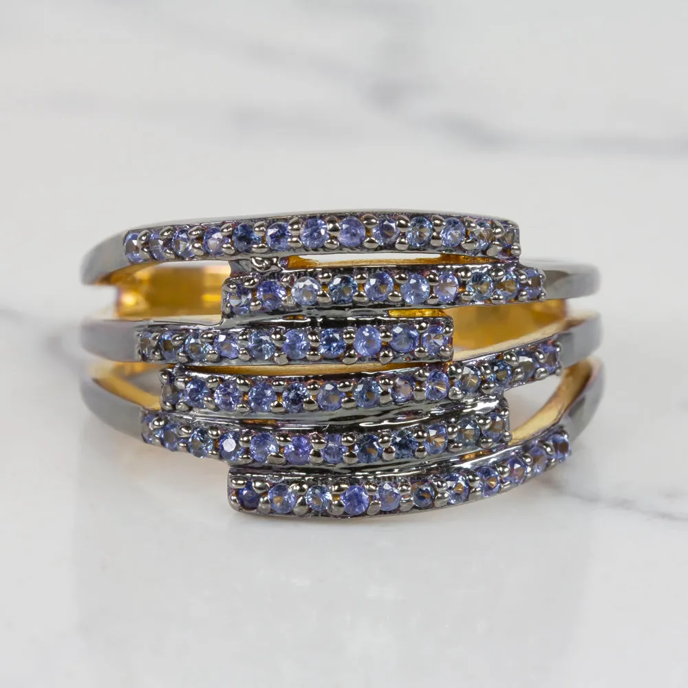 NATURAL EARTH MINED BLUE SAPPHIRE COCKTAIL RING PAVE WIDE BAND MODERN RUSTIC
