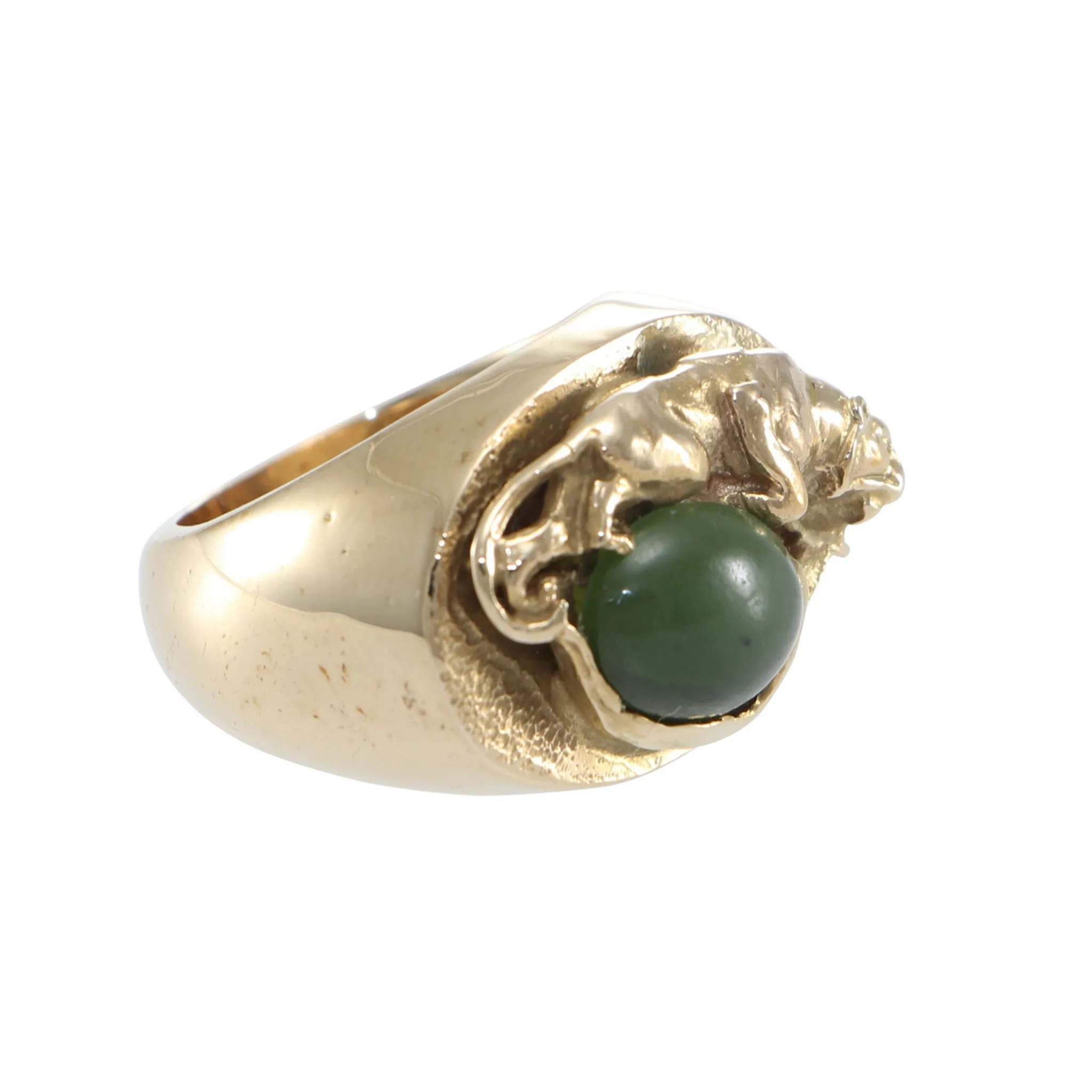 Nephrite Green Panther Ring 14k Yellow Gold Hammered Vintage Jaguar Cocktail
