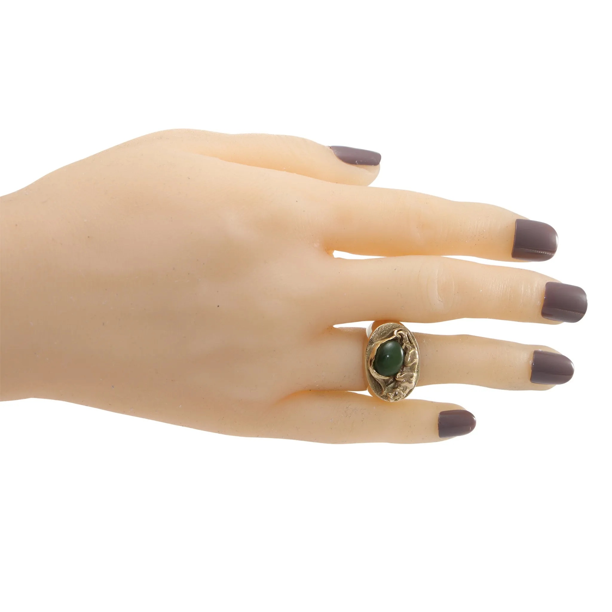 Nephrite Green Panther Ring 14k Yellow Gold Hammered Vintage Jaguar Cocktail