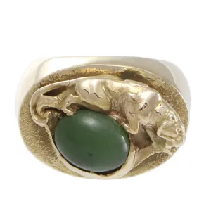 Nephrite Green Panther Ring 14k Yellow Gold Hammered Vintage Jaguar Cocktail