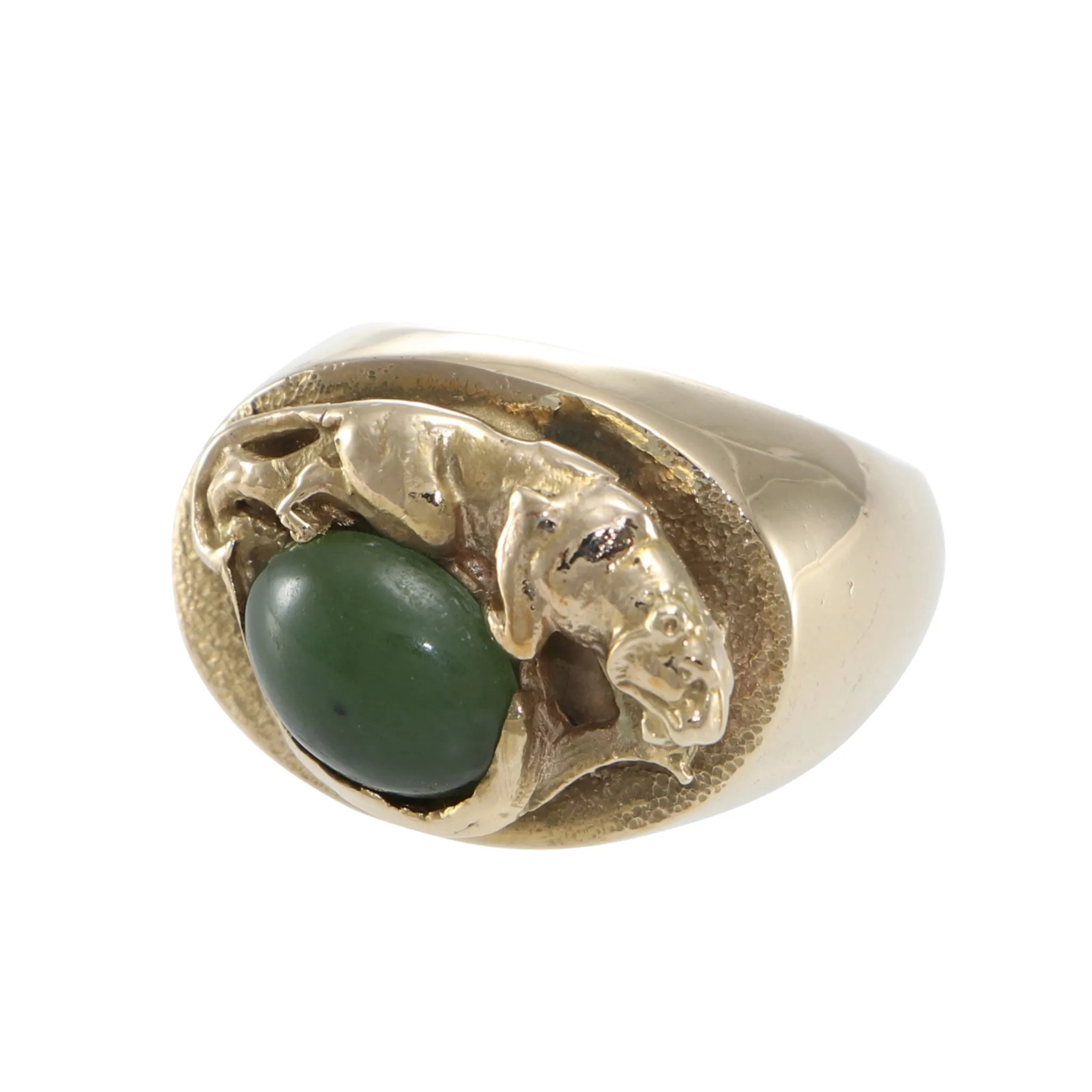 Nephrite Green Panther Ring 14k Yellow Gold Hammered Vintage Jaguar Cocktail