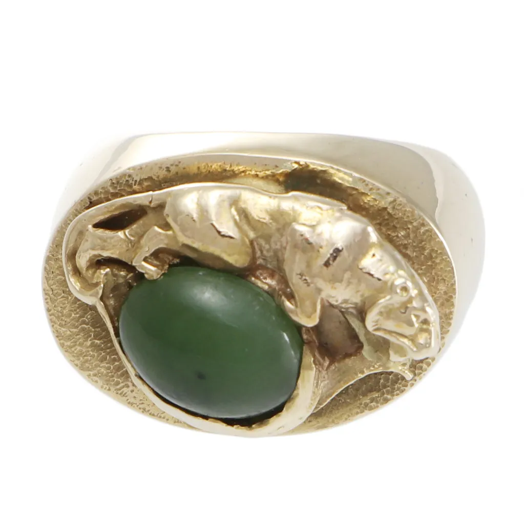 Nephrite Green Panther Ring 14k Yellow Gold Hammered Vintage Jaguar Cocktail