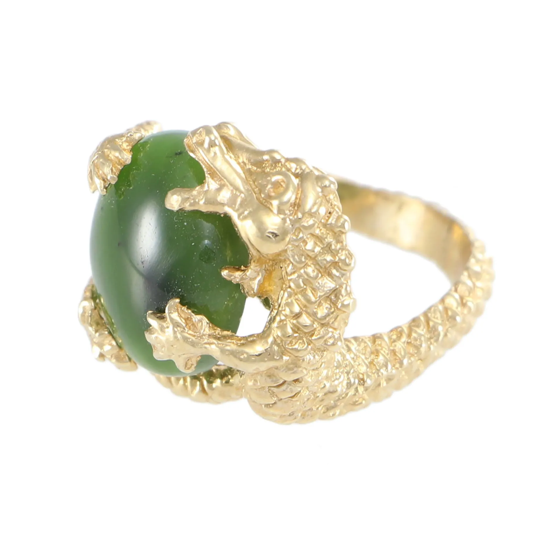 Oval Nephrite Green Jade Dragon Ring 14k Yellow Gold Hammered Vintage Cocktail