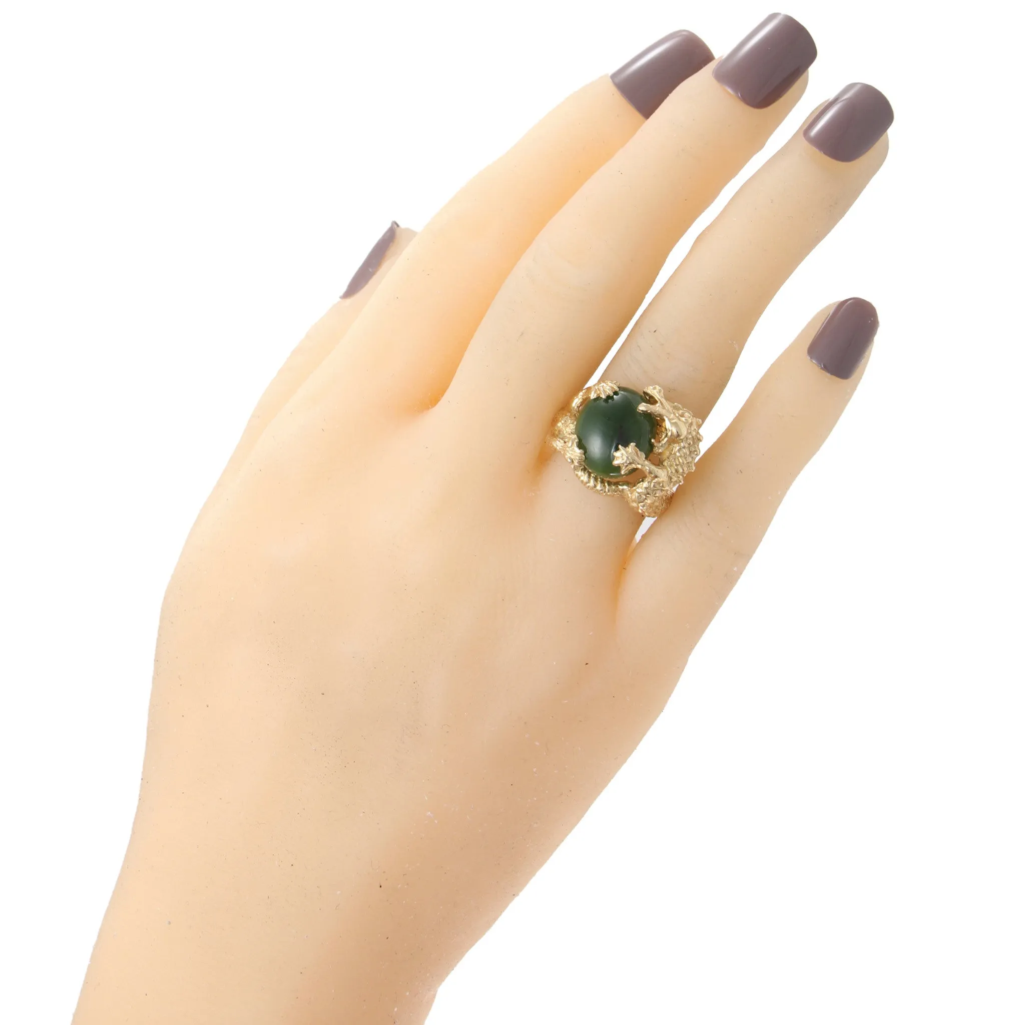 Oval Nephrite Green Jade Dragon Ring 14k Yellow Gold Hammered Vintage Cocktail