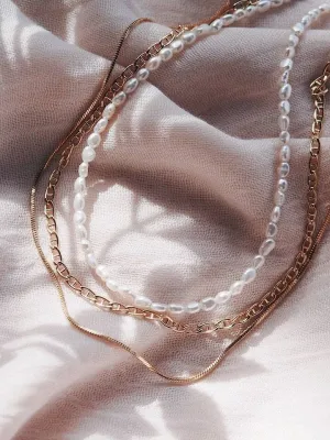 Pearl & Gold Chain Layering Necklace Set