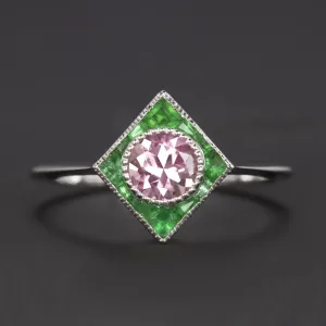 PINK TOURMALINE EMERALD COCKTAIL RING HALO 14k WHITE GOLD VINTAGE STYLE ART DECO