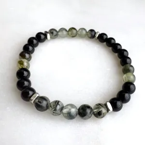 Prehnite and Black Onyx Beads Gemstones Crystals Boho Hippie Design - Stretch Bracelet Handmade Jewelry