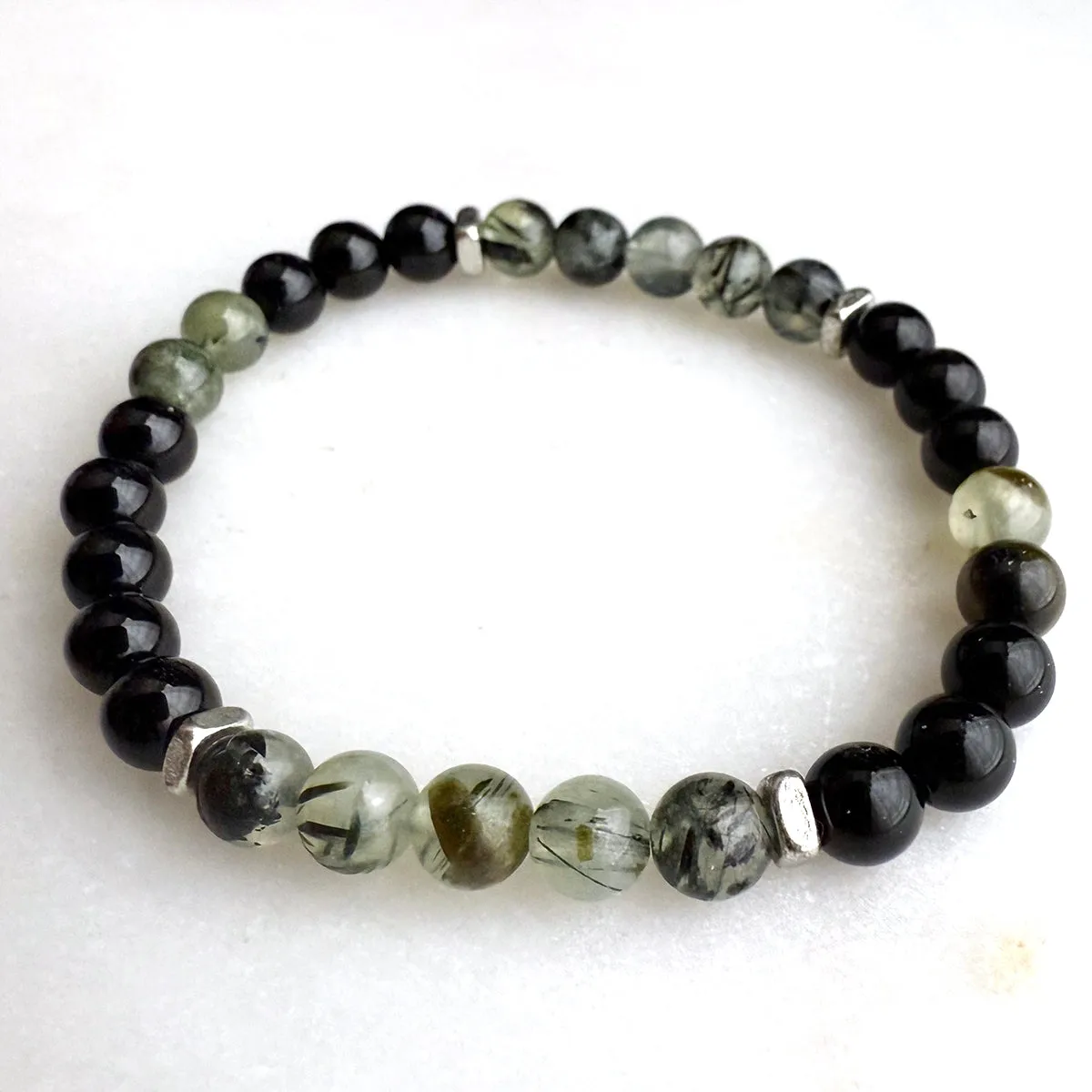 Prehnite and Black Onyx Beads Gemstones Crystals Boho Hippie Design - Stretch Bracelet Handmade Jewelry