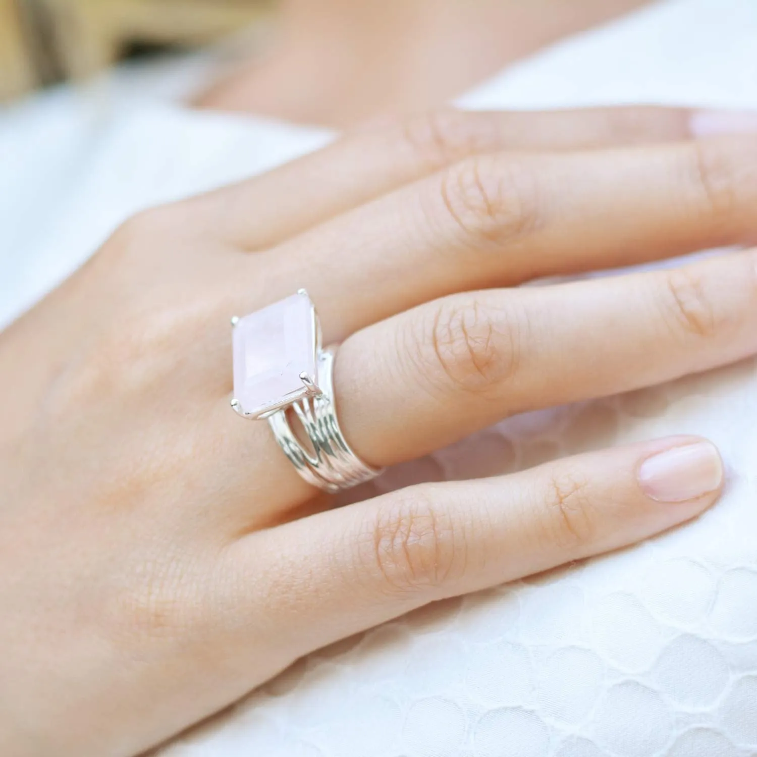 Silver Cocktail Ring Rose Quartz Pietra