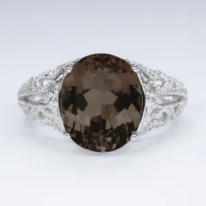 SMOKY QUARTZ VINTAGE STYLE COCKTAIL RING STERLING SILVER FILIGREE ART DECO OVAL