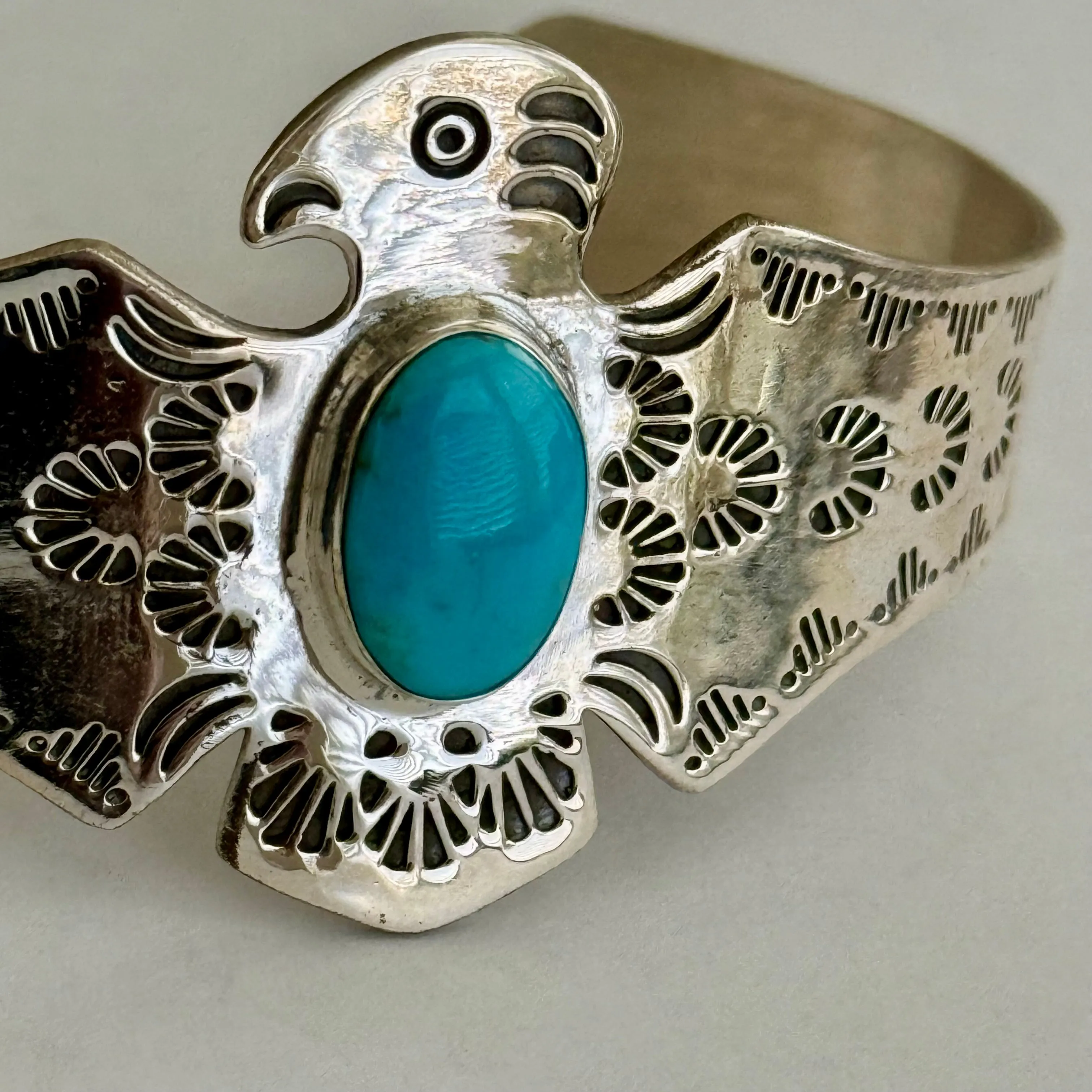 Southwestern Sleeping Beauty Turquoise Cuff Sterling Silver Thunderbird Bracelet