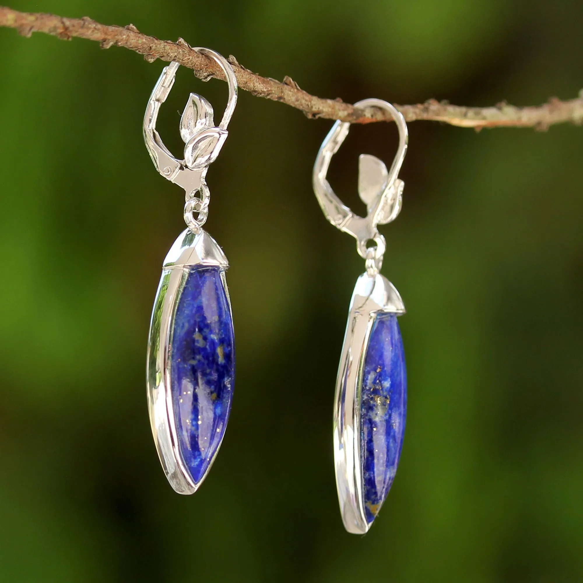 Spatial Blue Rhodium Plated Lapis Lazuli Dangle Earrings from Thailand