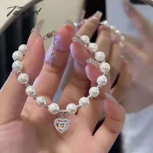 Tavimart Vintage Silver Color Love Heart Bracelet for Women Elegant Sweet Crystal Pearl Chain Romantic Temperament Bracelet Jewelry Gift