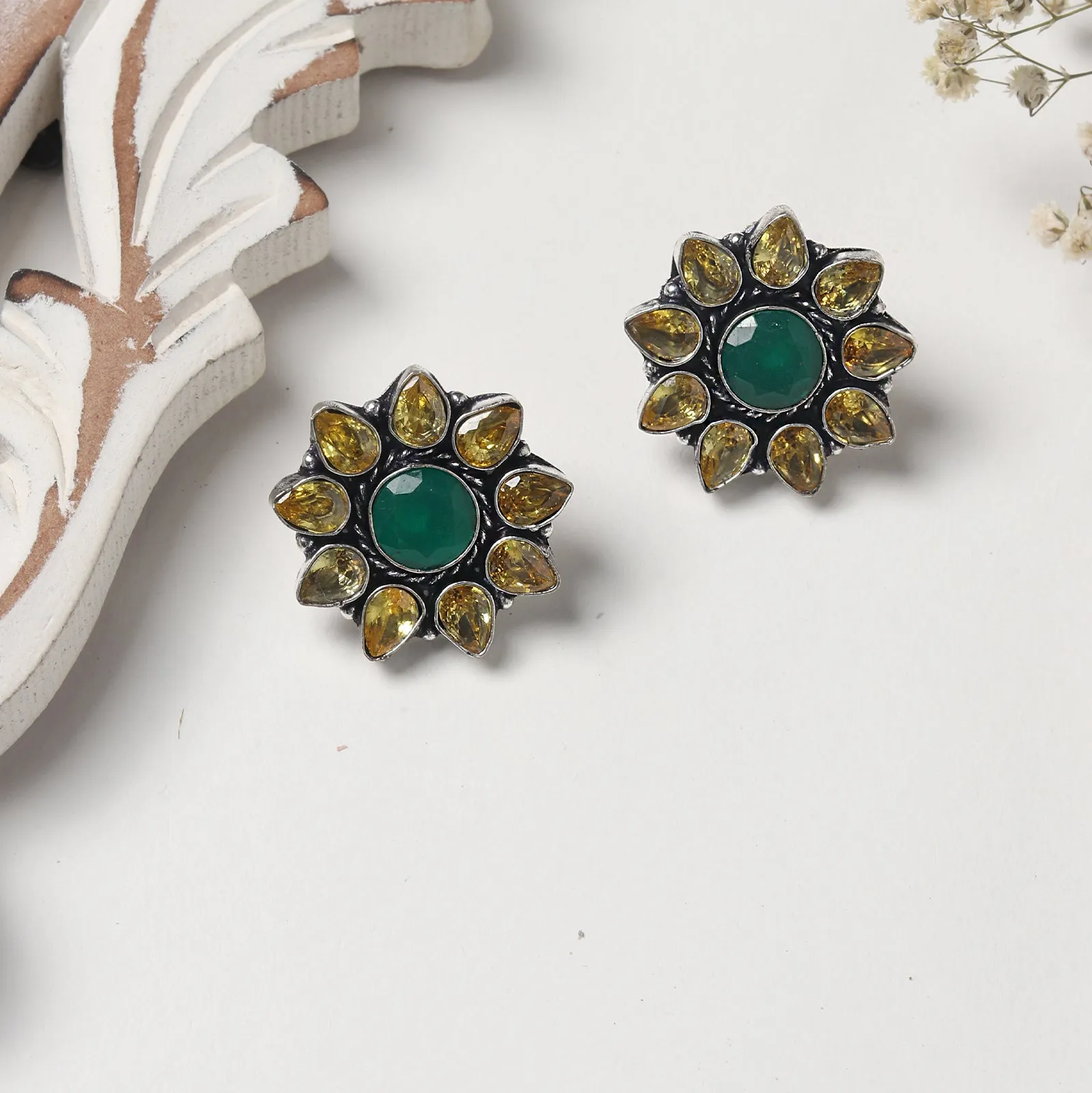 Teejh Hrida Yellow Stone Silver Oxidised Stud Earrings