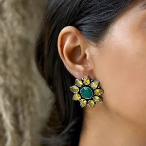 Teejh Hrida Yellow Stone Silver Oxidised Stud Earrings