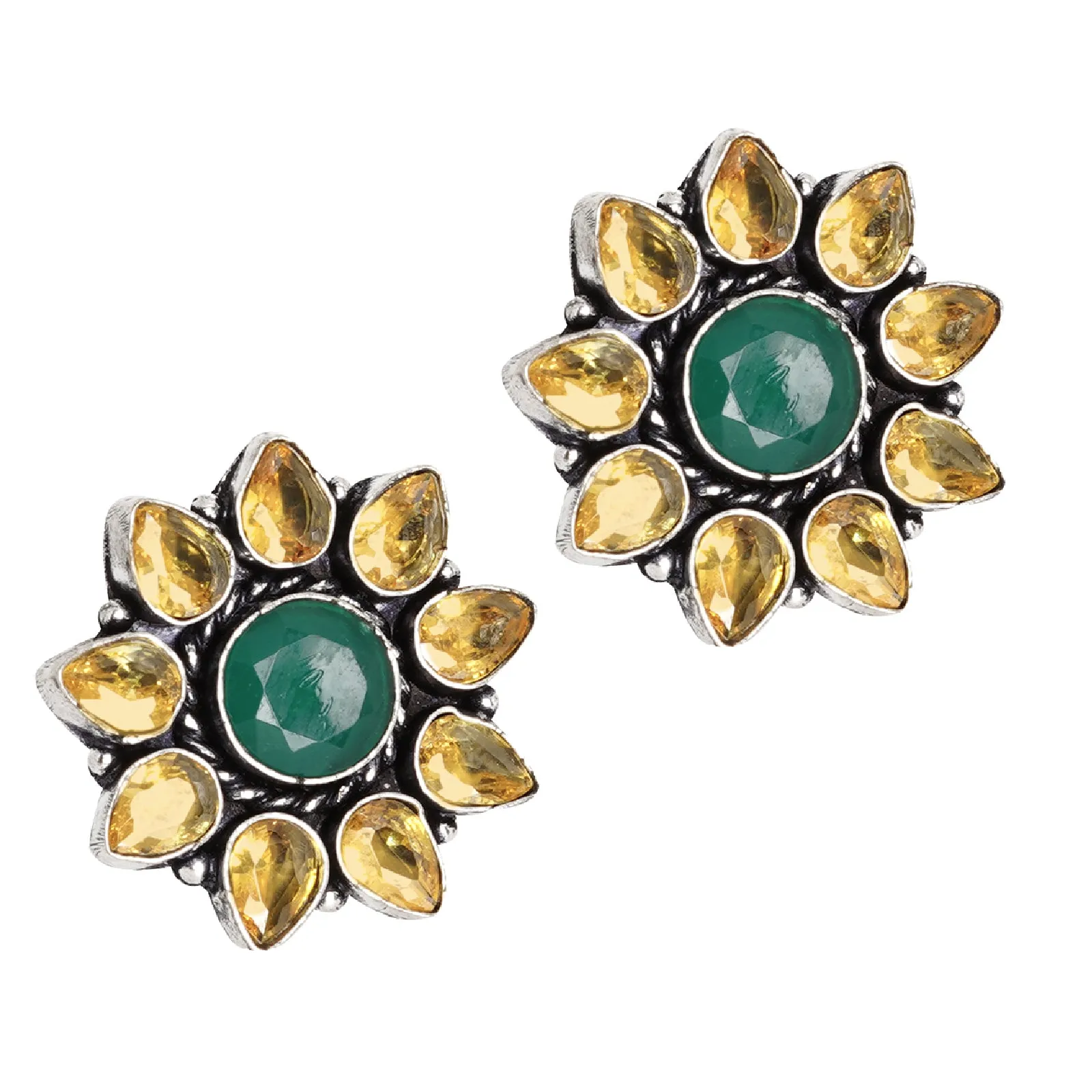 Teejh Hrida Yellow Stone Silver Oxidised Stud Earrings
