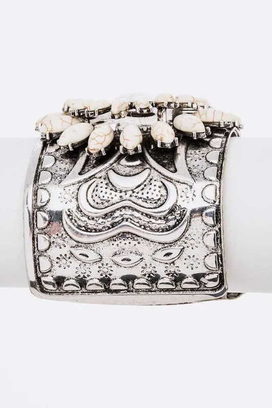 TEEK - Silver/White Genuine Stone Engraved Cuff Bangle