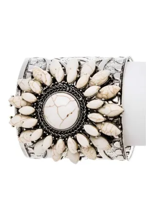 TEEK - Silver/White Genuine Stone Engraved Cuff Bangle