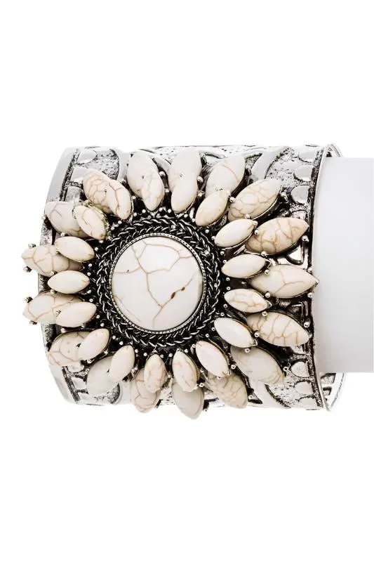 TEEK - Silver/White Genuine Stone Engraved Cuff Bangle