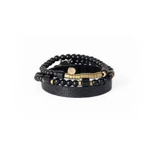 The Beaded Gold and Black Leather Bracelet Set