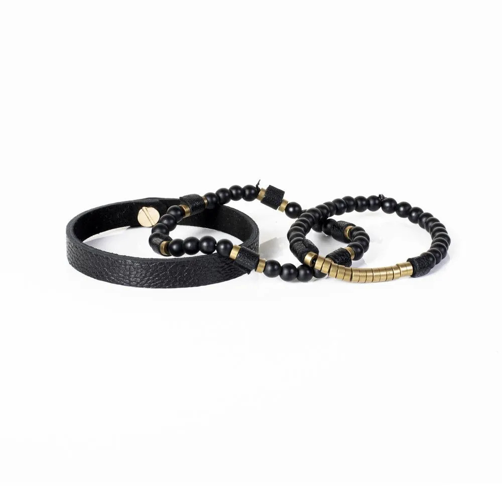 The Beaded Gold and Black Leather Bracelet Set