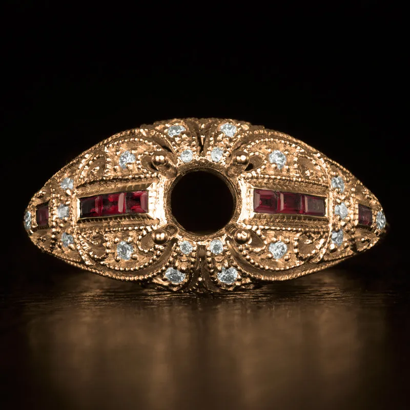 VINTAGE DIAMOND RED RUBY VINTAGE 5mm ROUND ENGAGEMENT RING SETTING 14K ROSE GOLD