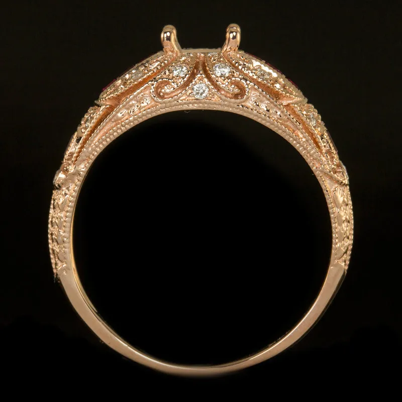 VINTAGE DIAMOND RED RUBY VINTAGE 5mm ROUND ENGAGEMENT RING SETTING 14K ROSE GOLD