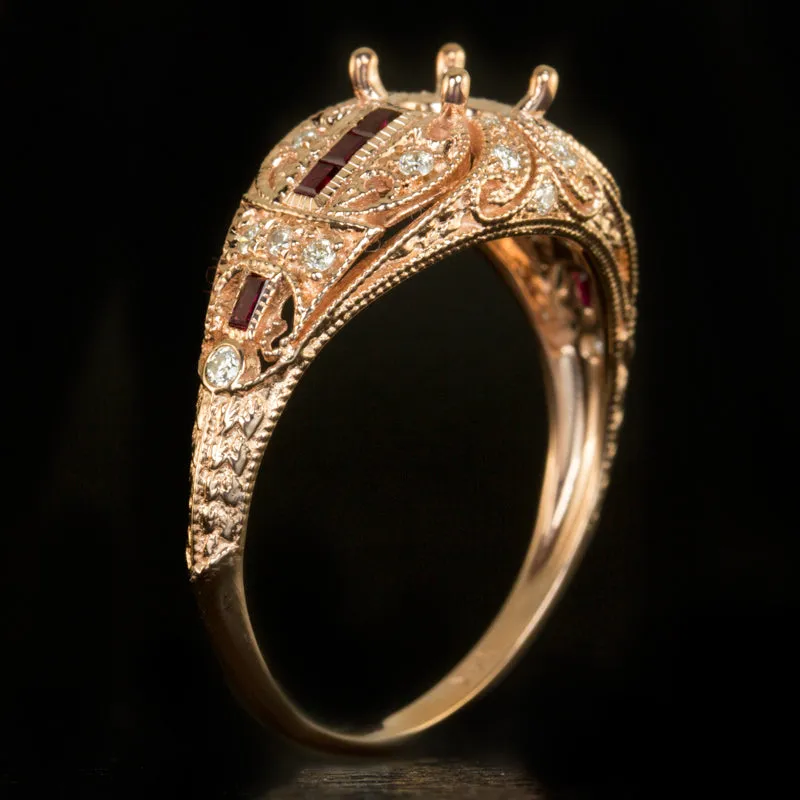 VINTAGE DIAMOND RED RUBY VINTAGE 5mm ROUND ENGAGEMENT RING SETTING 14K ROSE GOLD