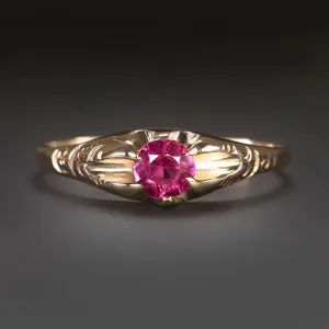 VINTAGE RUBY SOLITAIRE RING 10k YELLOW GOLD PINK RED BUTTERCUP COCKTAIL ROUND