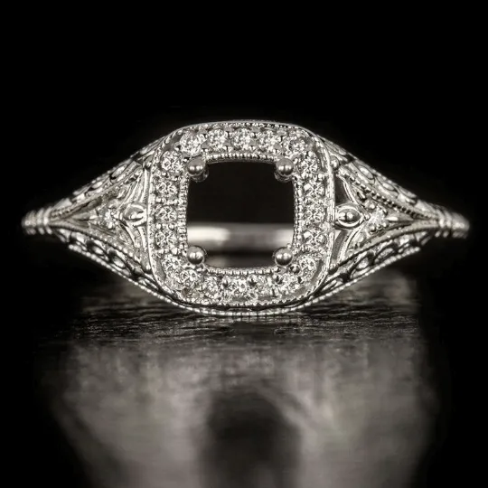 VINTAGE STYLE ROUND DIAMOND PLATINUM ENGAGEMENT RING SETTING CUSHION ENGRAVED 5M