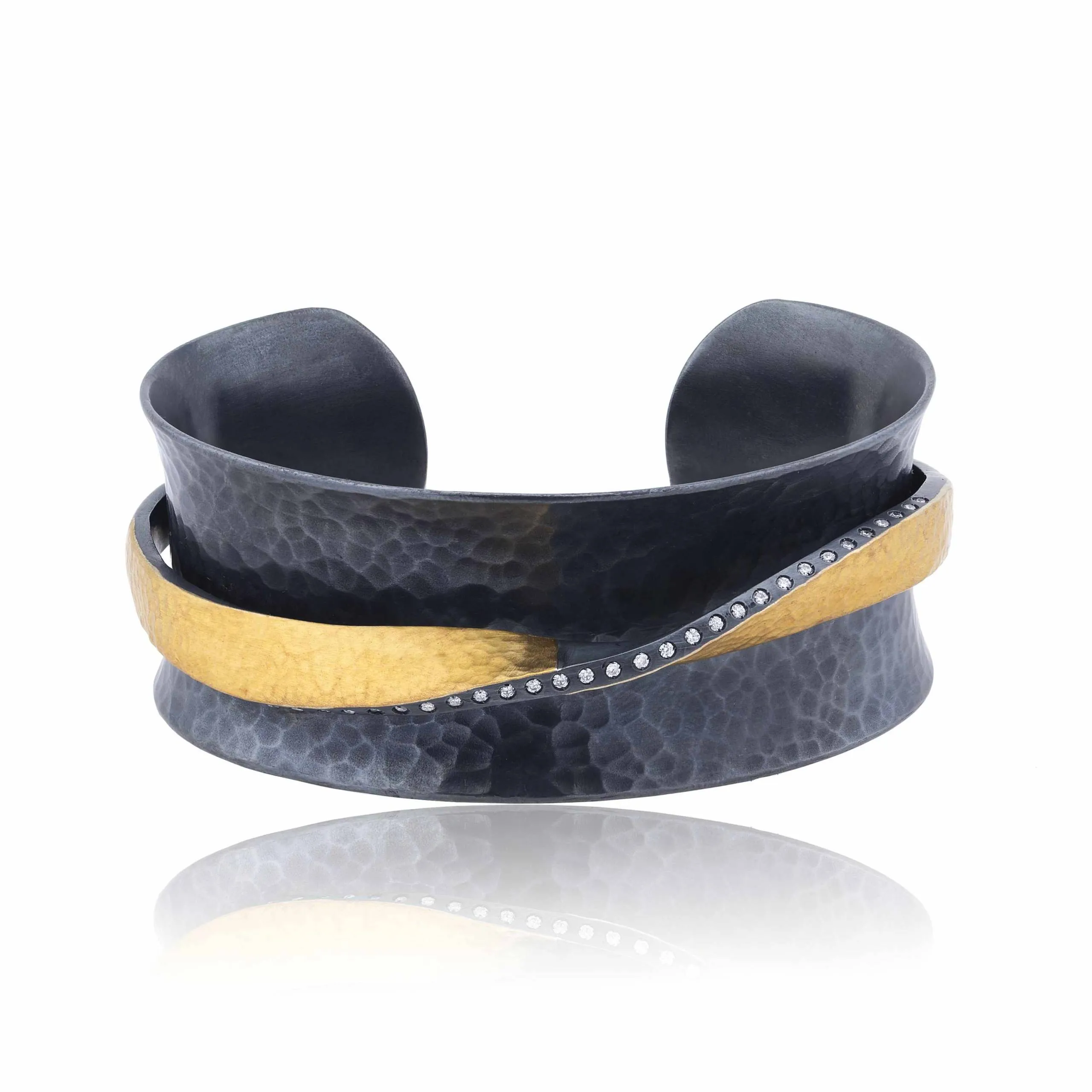 Wide 24K Hammered Fusion Gold & Oxidized Sterling Silver Twist Open Cuff Bracelet with Diamonds