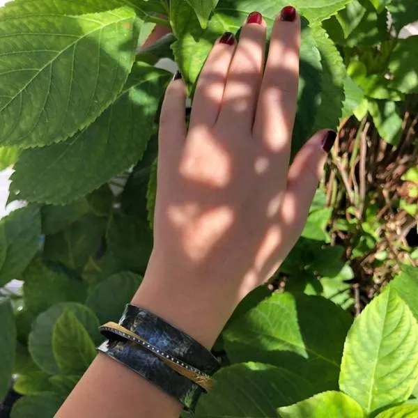 Wide 24K Hammered Fusion Gold & Oxidized Sterling Silver Twist Open Cuff Bracelet with Diamonds