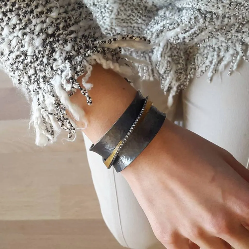 Wide 24K Hammered Fusion Gold & Oxidized Sterling Silver Twist Open Cuff Bracelet with Diamonds