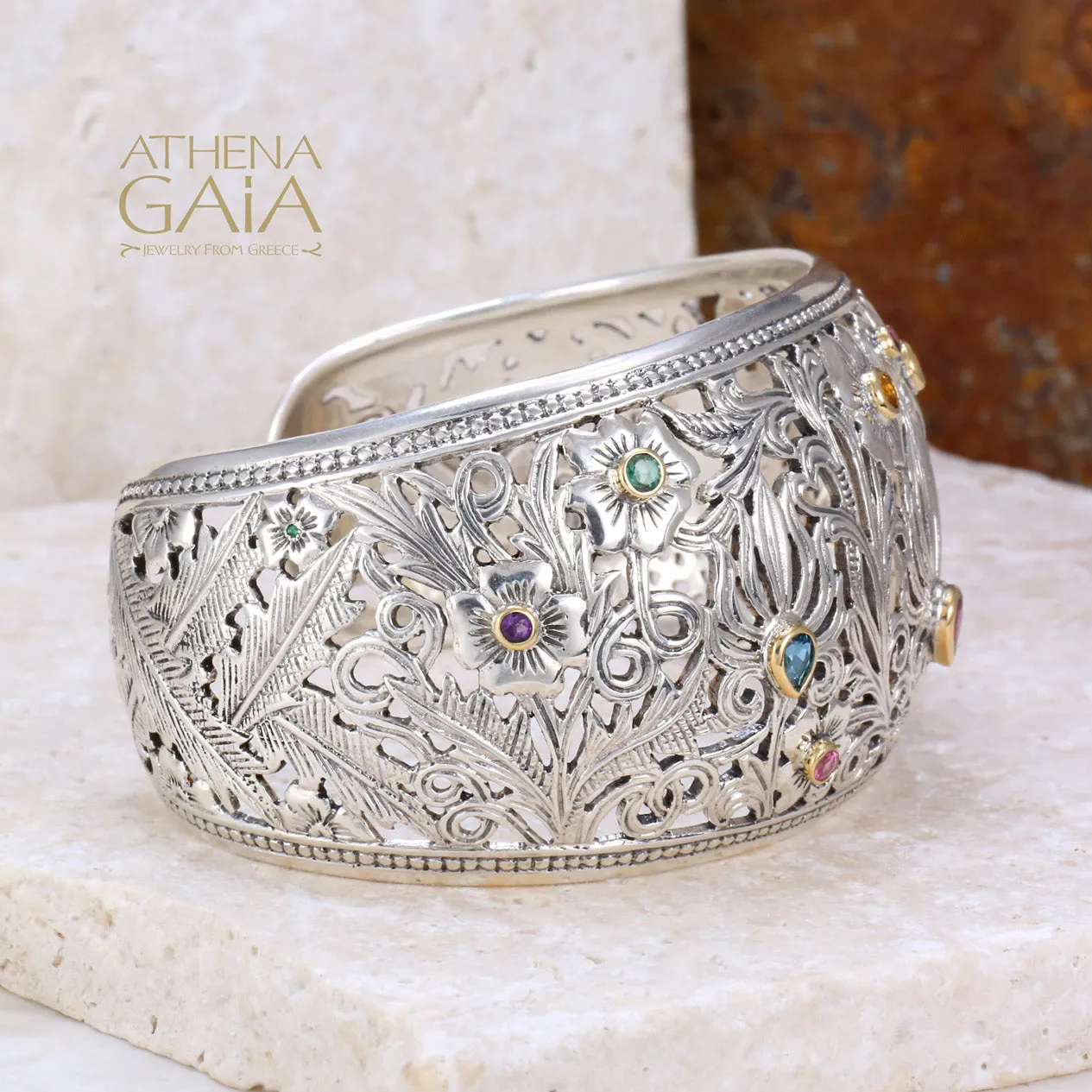 Wild Flowers Gold Bezel Cuff Bracelet