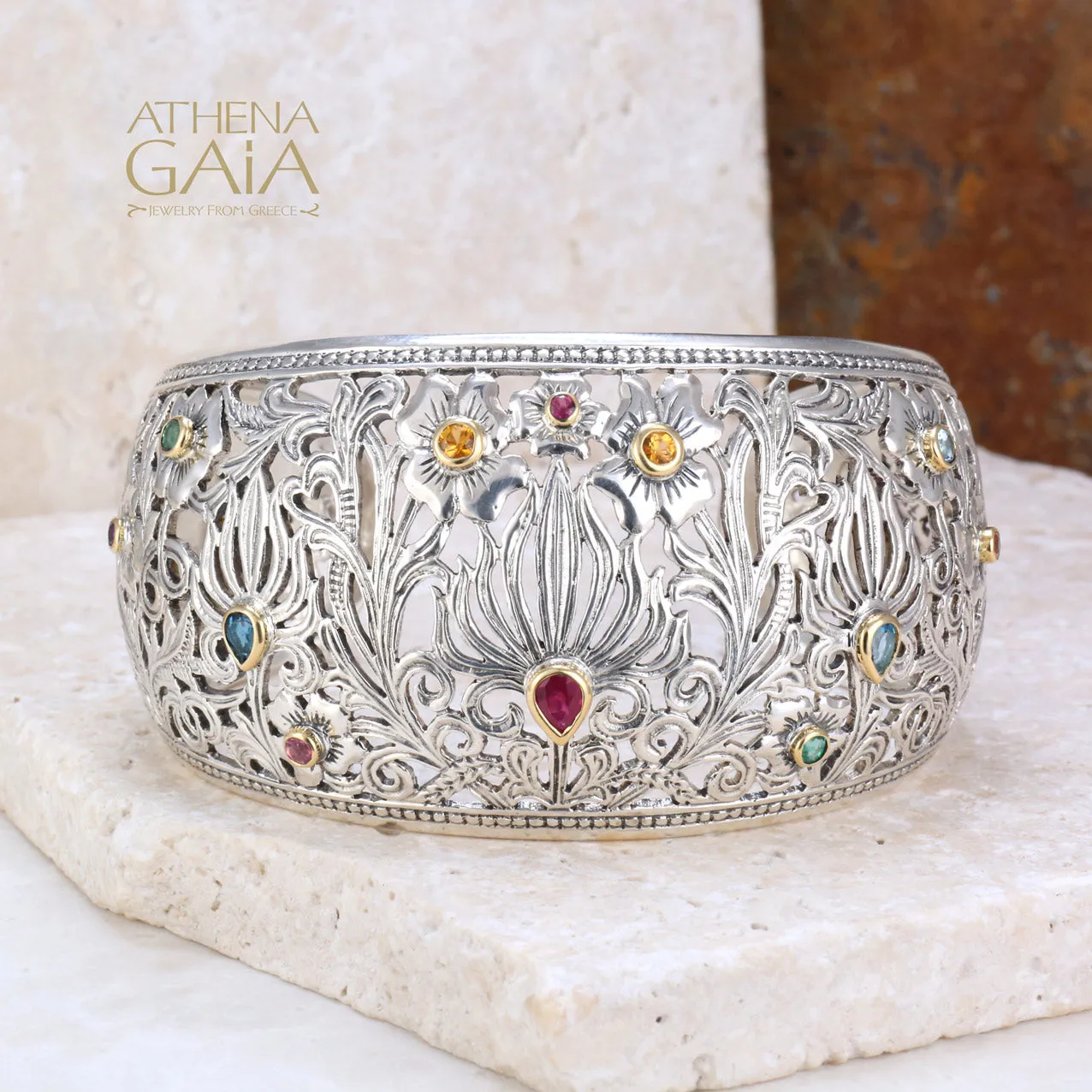 Wild Flowers Gold Bezel Cuff Bracelet