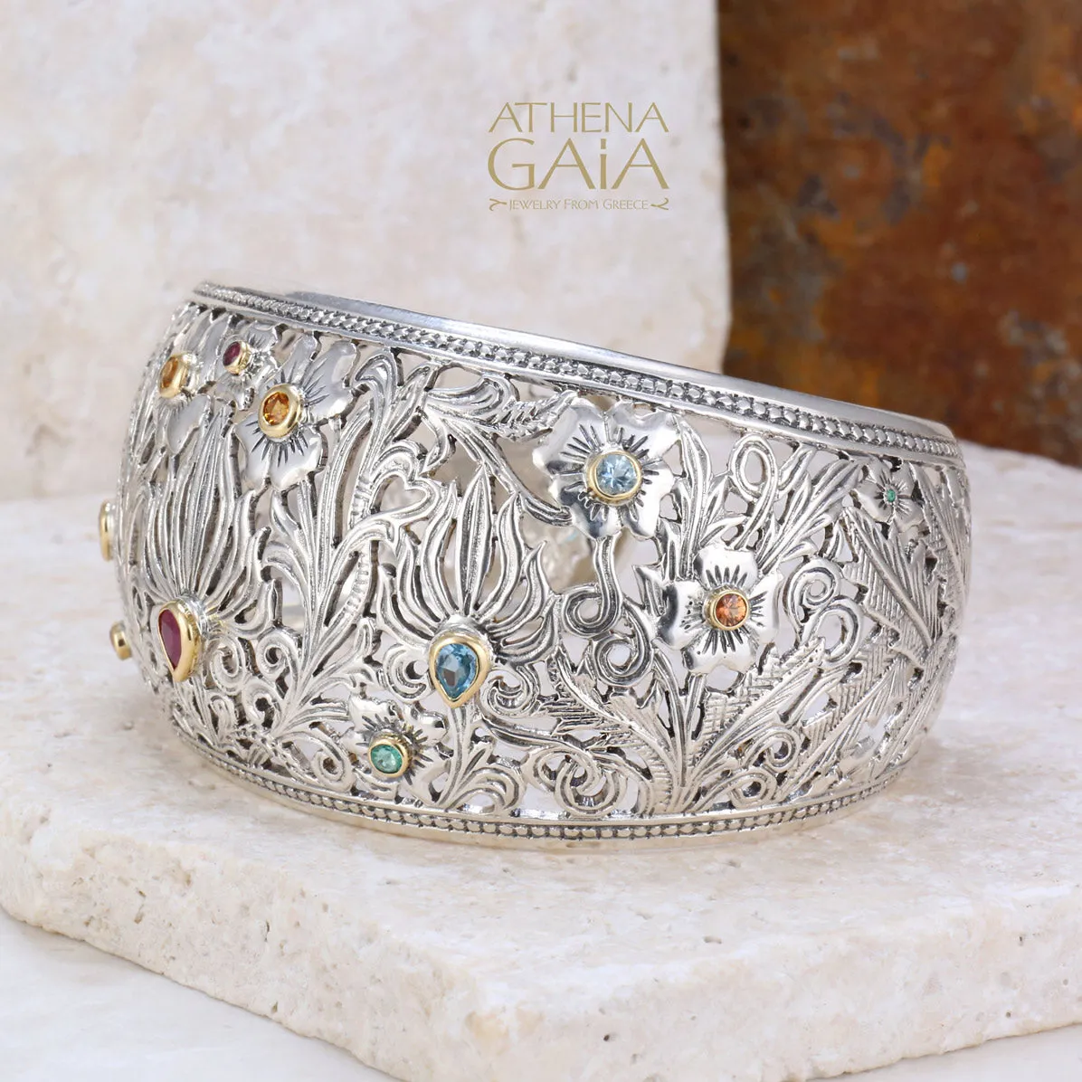 Wild Flowers Gold Bezel Cuff Bracelet